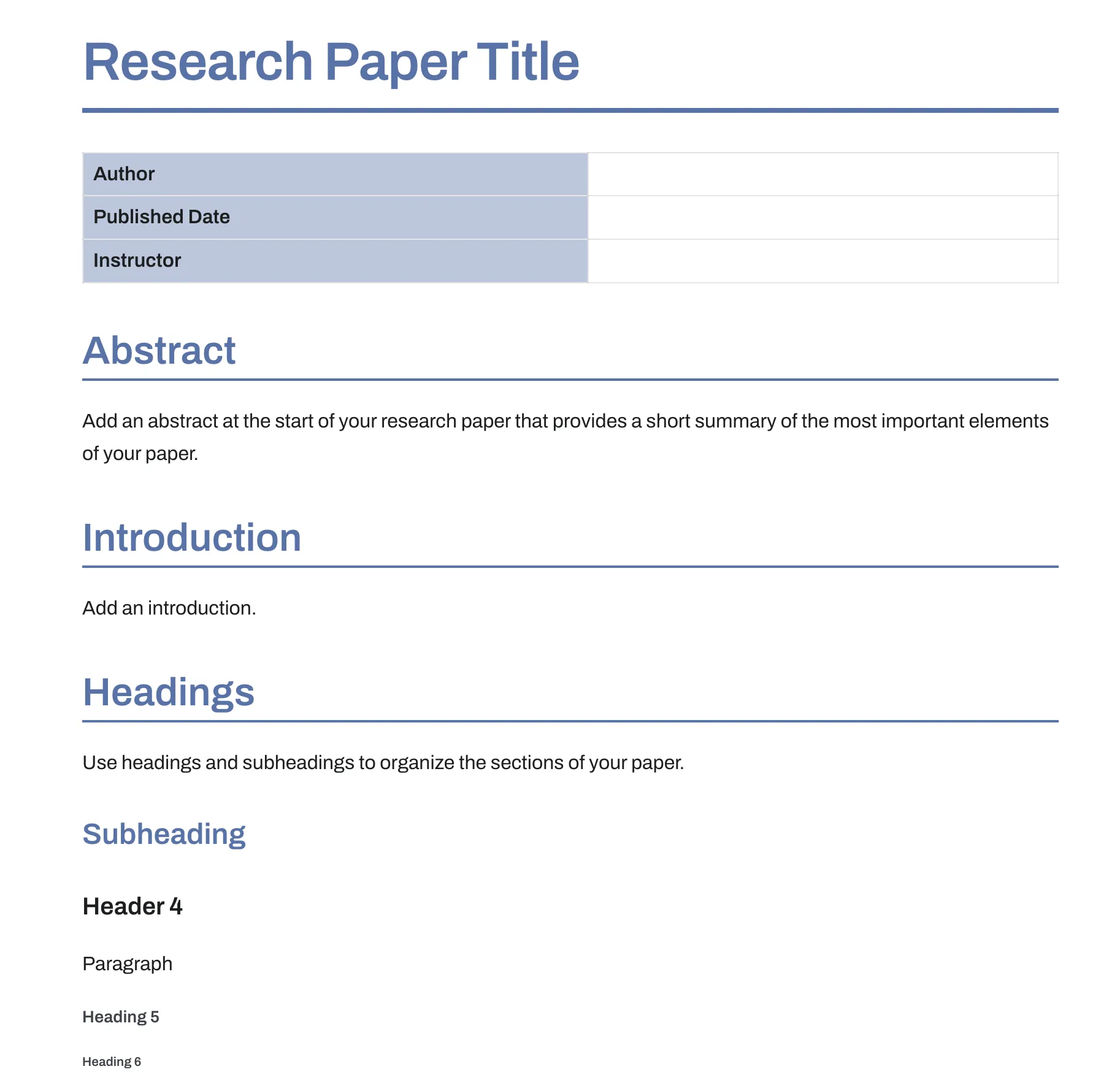Modello di documento di ricerca Bit.ai, un layout strutturato per documenti accademici con sezioni per titolo, abstract, introduzione, contenuto principale (con titoli/sottotitoli), metodologia, risultati e conclusioni, oltre a riferimenti e appendici.