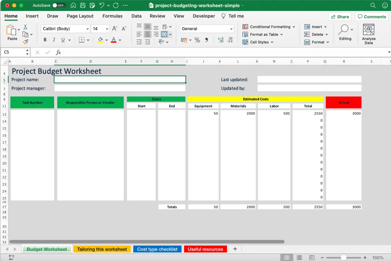 Plantilla para presupuestar proyectos en Excel
