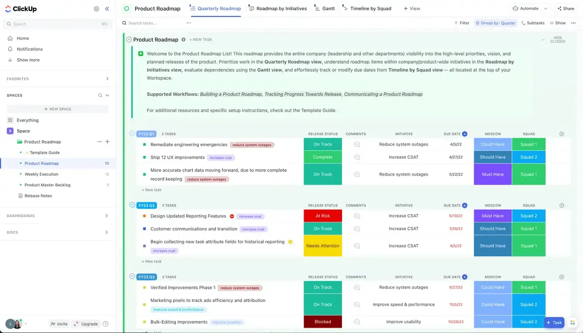 ClickUps Vorlage für die Produkt-Roadmap