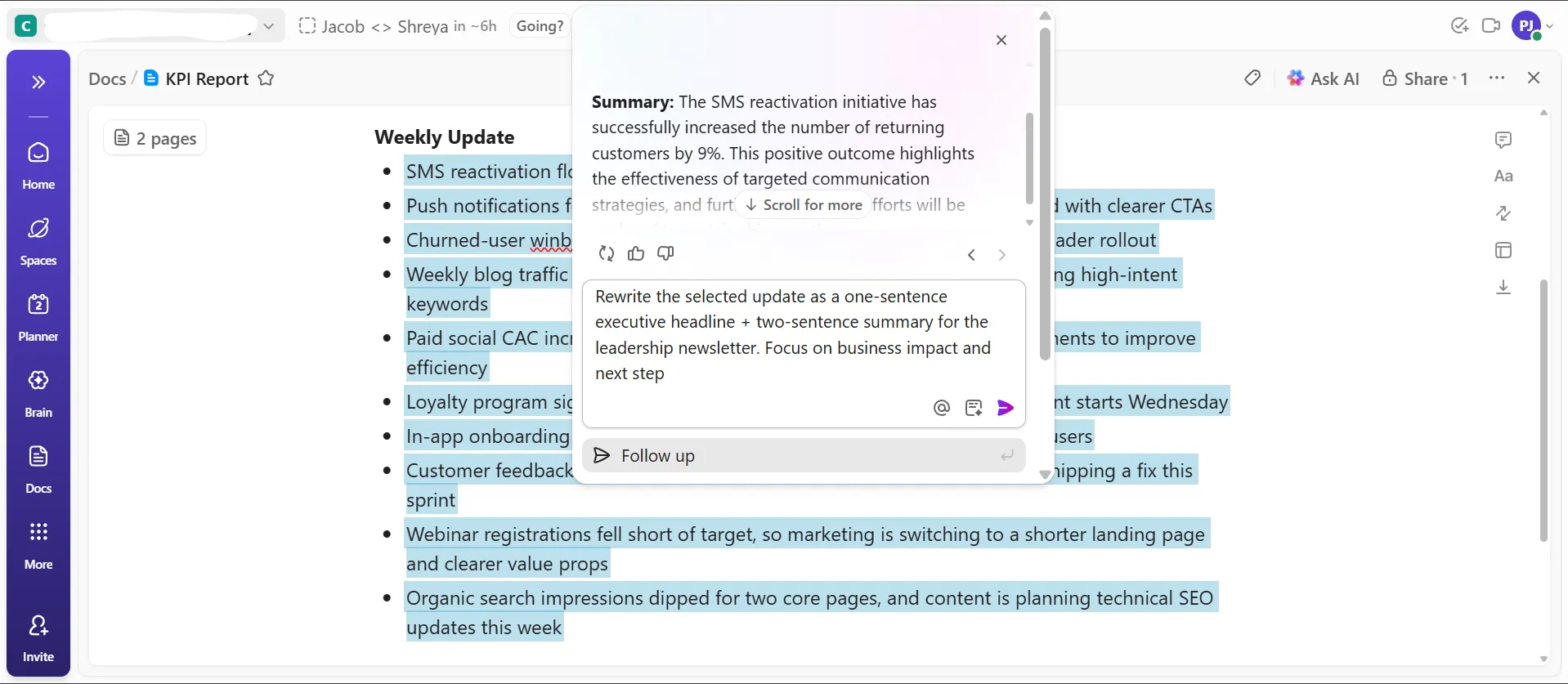ClickUp Brain: migliore di Google Analytics, chiedi allo strumento di IA di parafrasare note sommarie per aggiornamenti pronti per gli stakeholder e allineati con i KPI SEO.