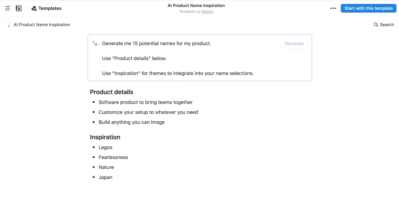 Modelo de inspiração para nomes de produtos de IA