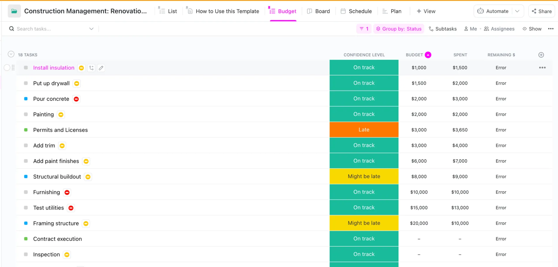 Utilizza il modello di gestione delle costruzioni di ClickUp per personalizzare, monitorare e confrontare i budget dei progetti.