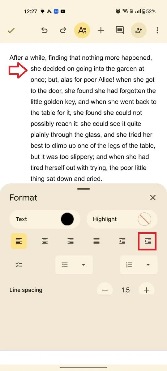 ใช้ตัวเลือกการเยื้องบนแถบเครื่องมือของ Google Docs