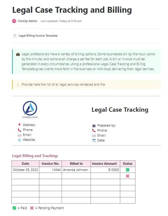 La plantilla de seguimiento de casos legales y facturación de ClickUp está diseñada para ayudarle a realizar el seguimiento y gestionar los casos legales en un solo lugar.