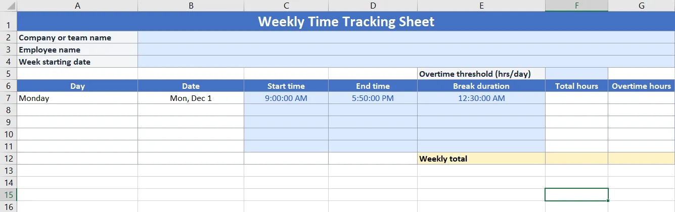 Bước 3: Thêm một vài hàng mẫu - Theo dõi thời gian trong Excel
