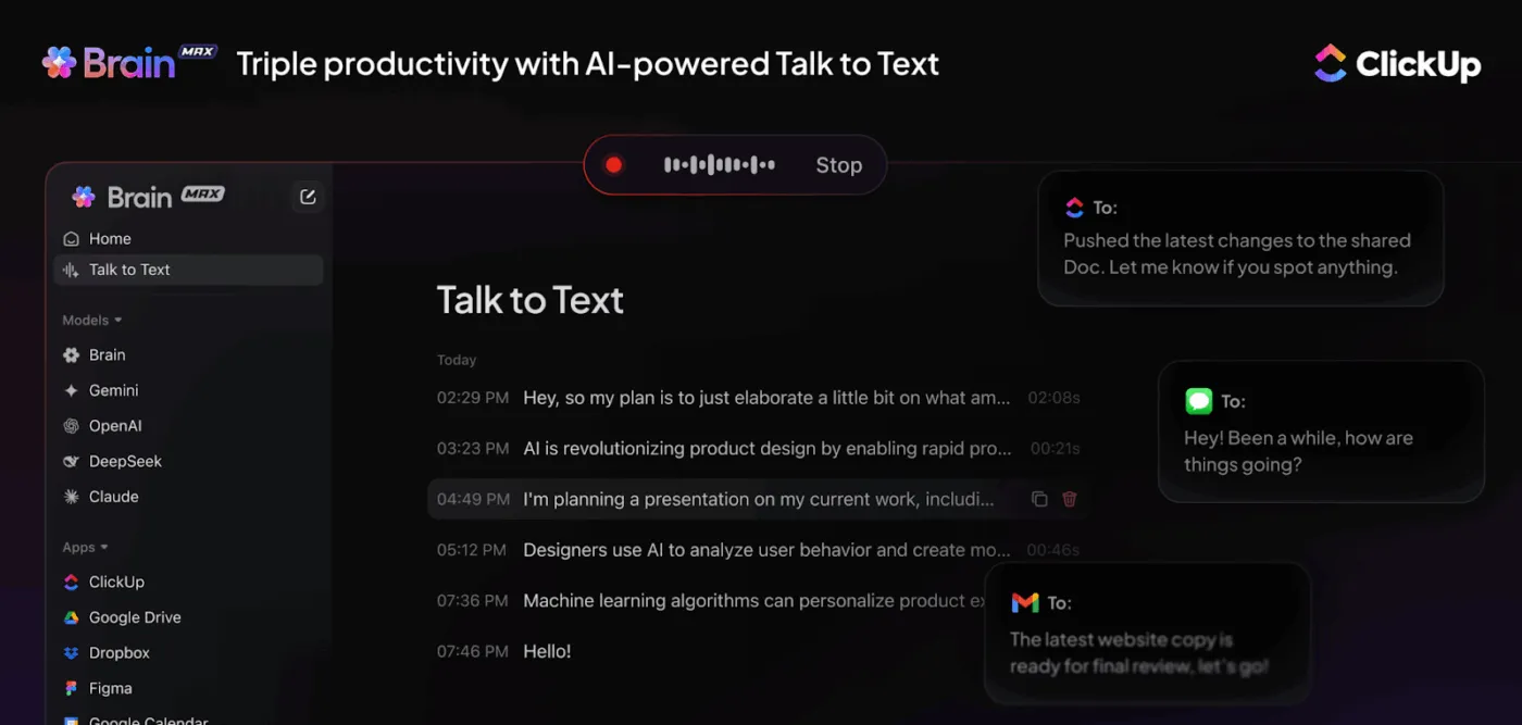 Využijte AI diktování v jakékoli aplikaci díky funkci Talk to Text od ClickUp BrainMAX