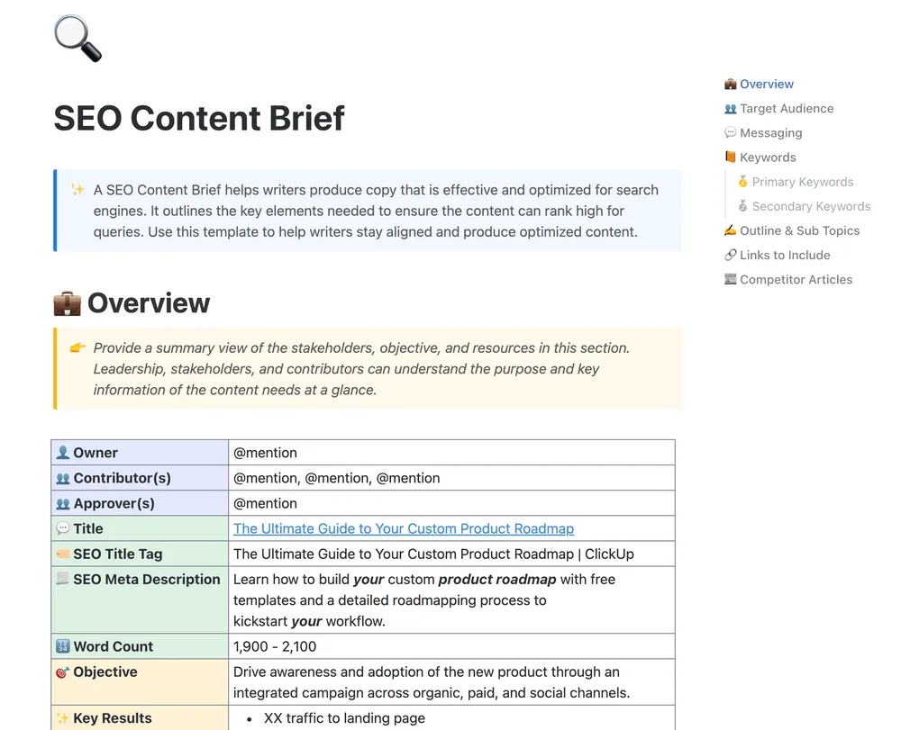 Plantilla de resumen de contenido SEO de ClickUp