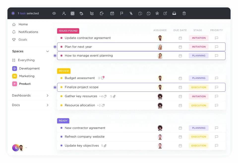 ClickUp лента с инструменти за многозадачност