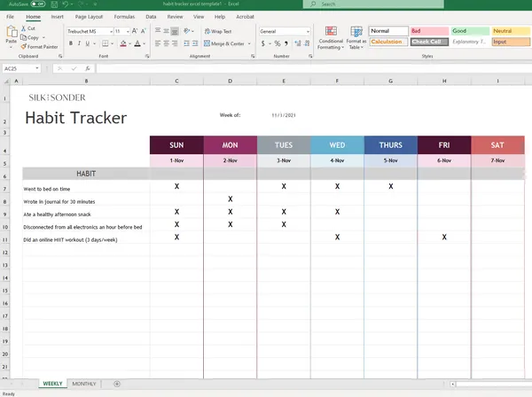 Modello Excel per tracciare le abitudini di Silk and Sonder