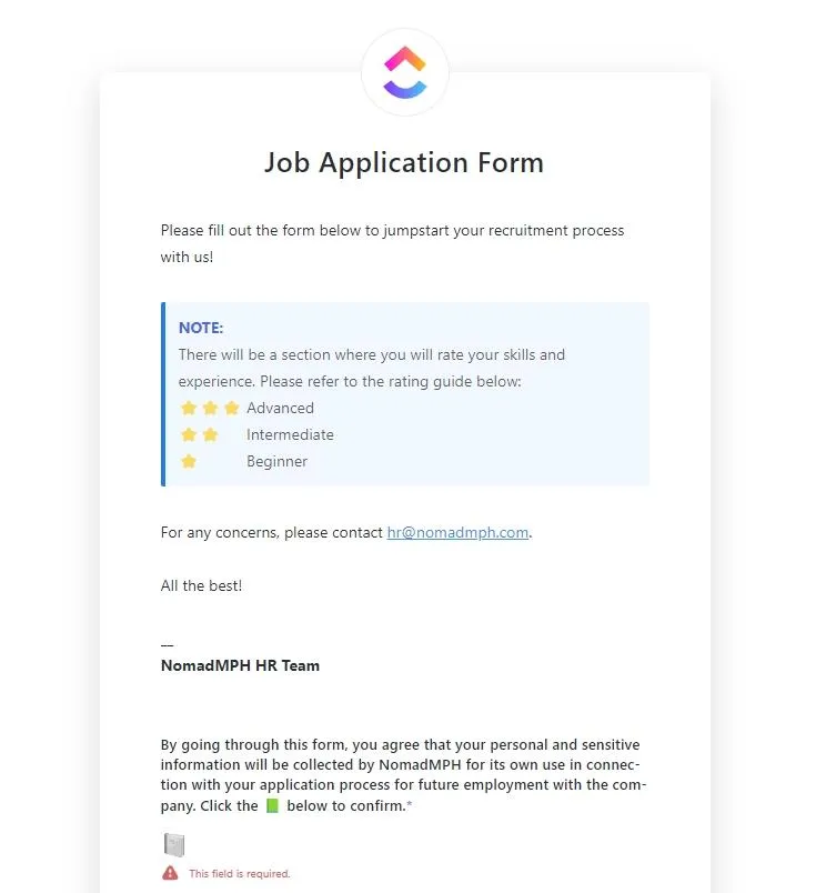 نموذج ورقة التسجيل في Google Docs: نموذج استمارة طلب الوظيفة في ClickUp