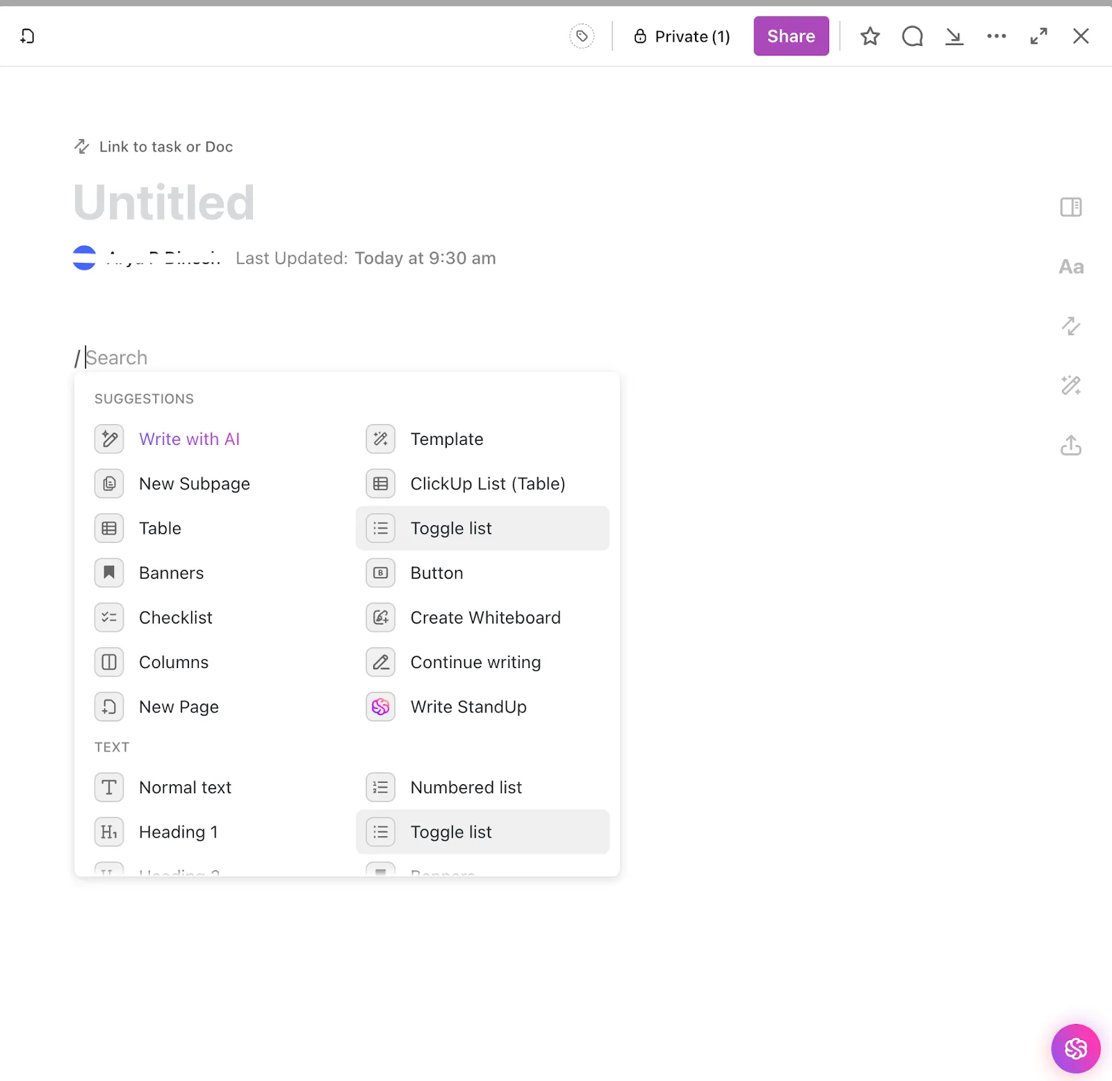 ClickUp-Editor mit Optionen zur Formatierung und Erstellung von Inhalten