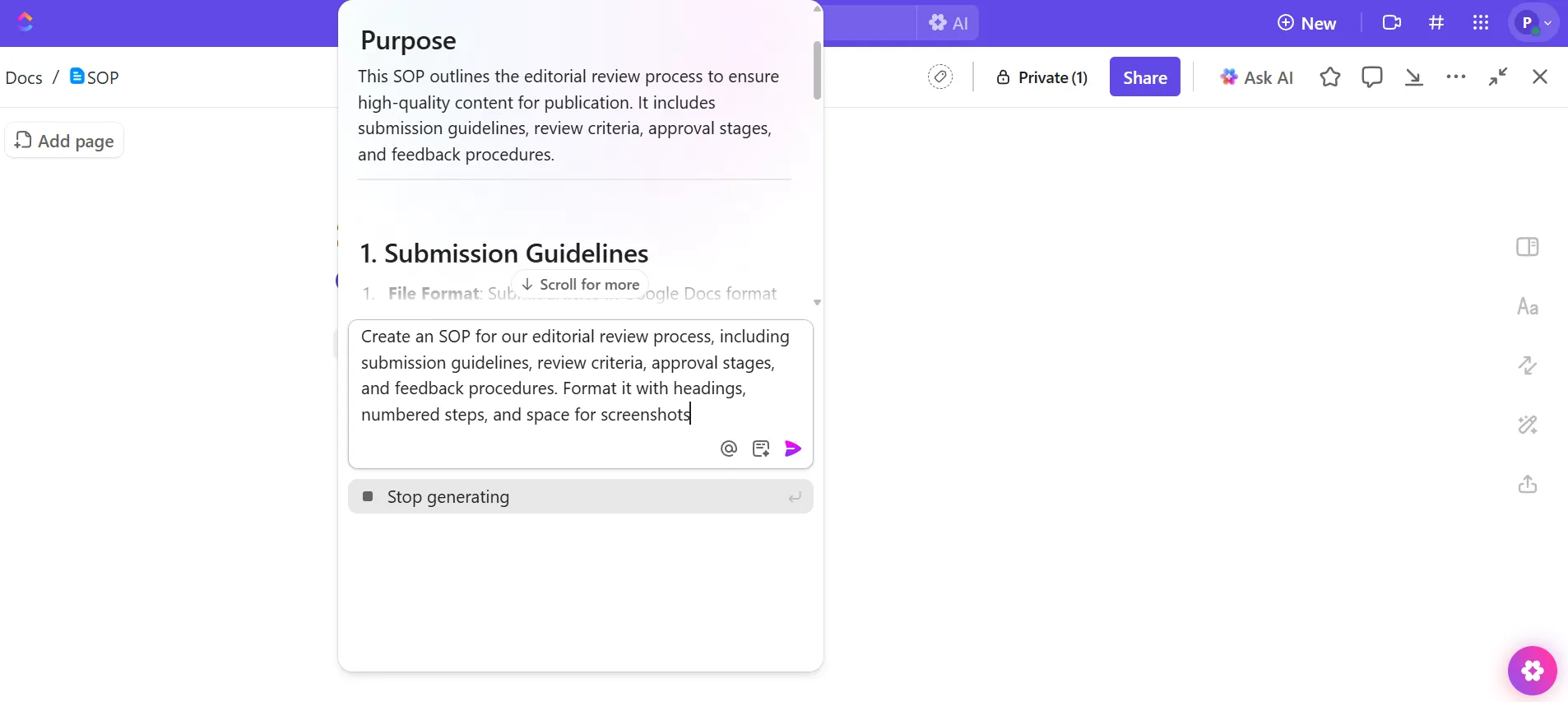 استخدم ClickUp Brain لإنشاء إجراءات تشغيلية موحدة داخل ClickUp Docs: كيف يستخدم ClickUp AI Docs لتبسيط عملية إنشاء إجراءات التشغيل الموحدة