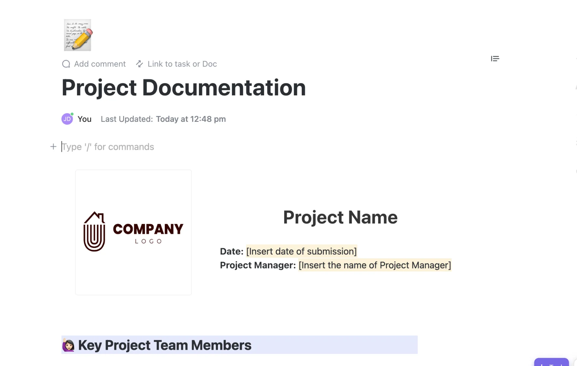 Modello di documentazione di progetto ClickUp
