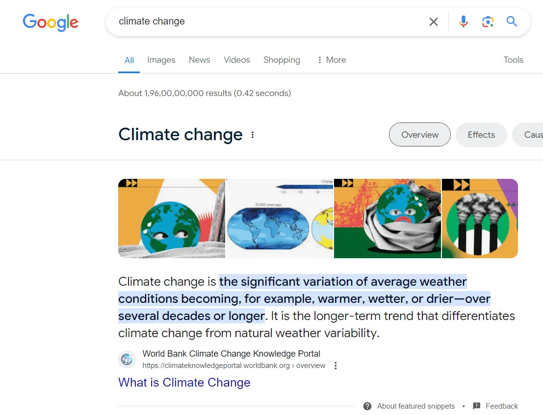 نتائج Google SERP تعرض مقتطفًا مميزًا
