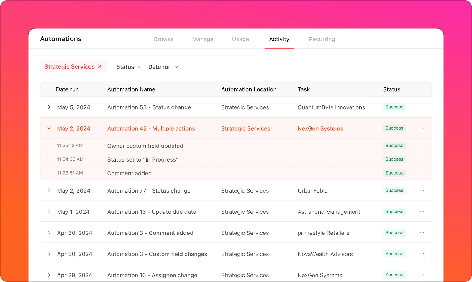 Använd ClickUp Automations för att spåra problem i arbetsflödet med tydliga aktivitetsloggar