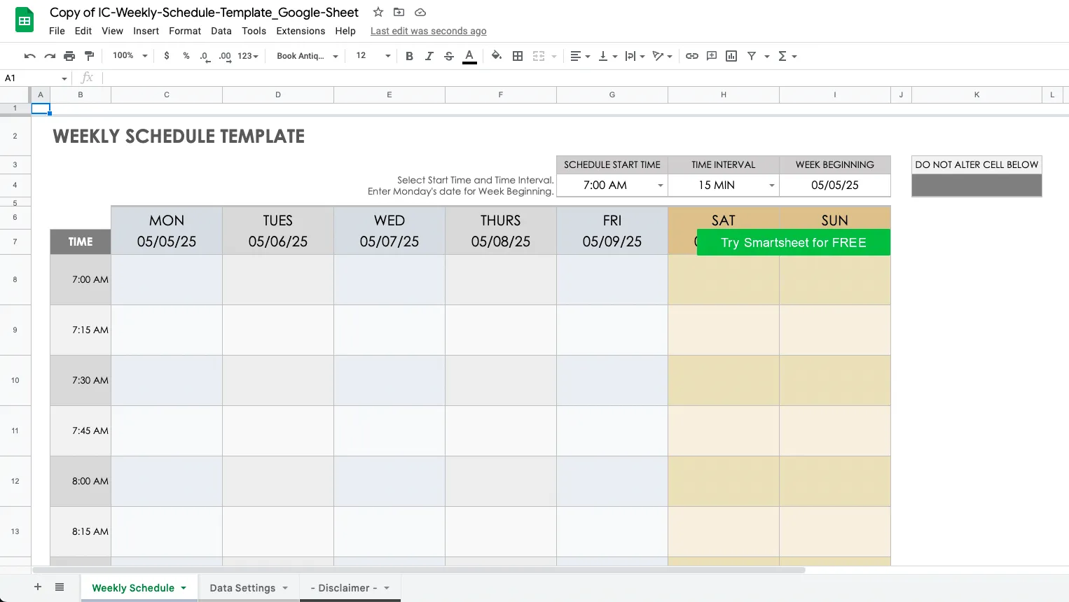 Modello di calendario settimanale dei Fogli Google