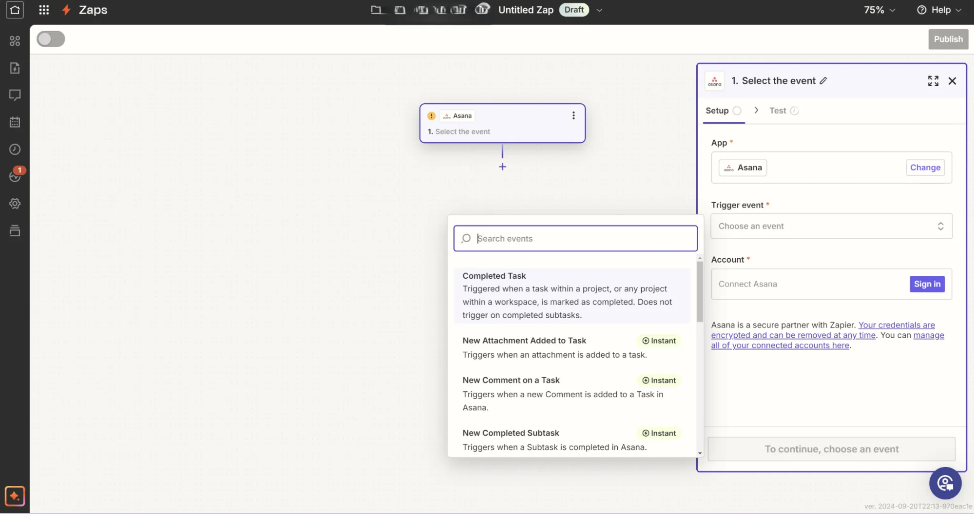 Seleccione los eventos desencadenantes que proporcionan indicación de este flujo de trabajo: cómo exportar Asana a Excel.