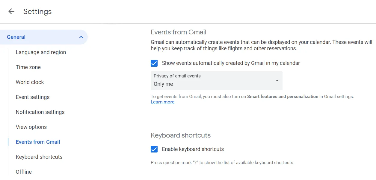 Impostazioni di Google Calendar - Aggiungere eventi da Gmail