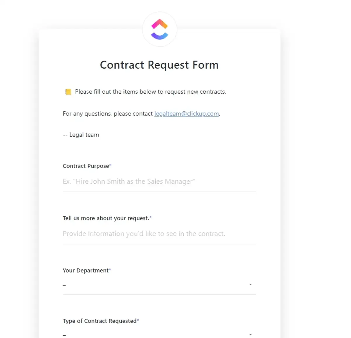 Beginnen Sie ganz einfach mit der Erstellung neuer Verträge mit der Vertragsmanagement-Vorlage von ClickUp.