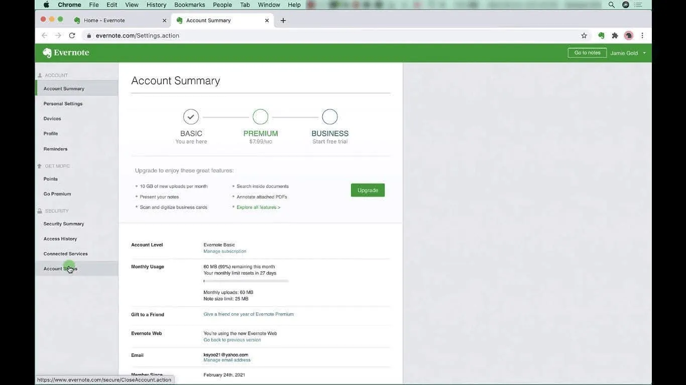 Registerkarte „Zusammenfassung“ des Evernote-Kontos