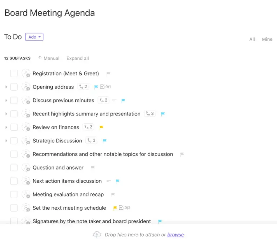 Definieren Sie eine klare Agenda und sorgen Sie mit der Vorlage für Board-Meetings von ClickUp für produktive Board-Meetings.