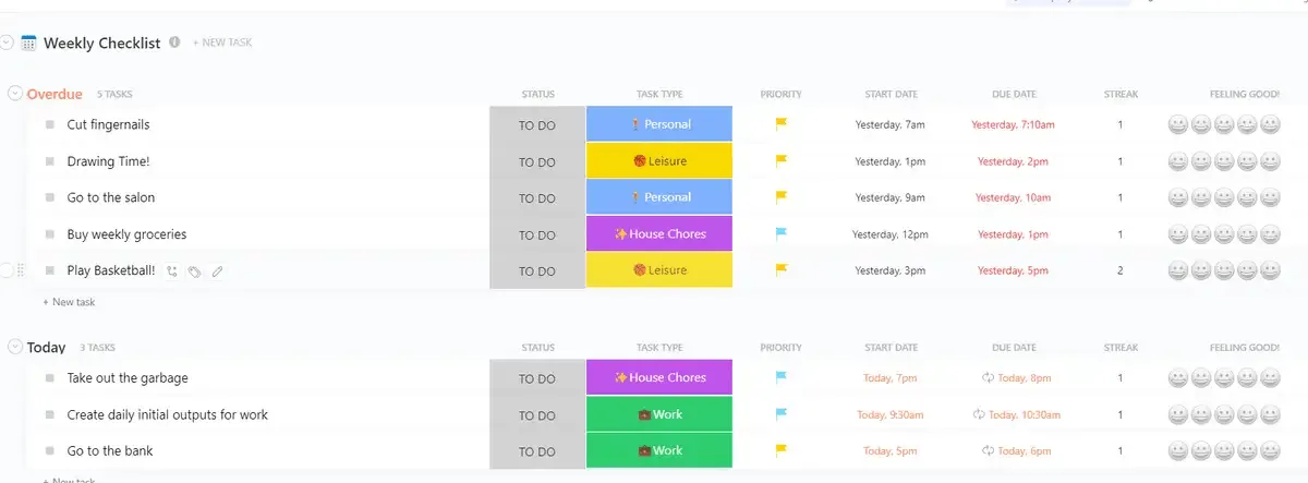 เทมเพลตเช็กลิสต์ประจำสัปดาห์ของ ClickUp