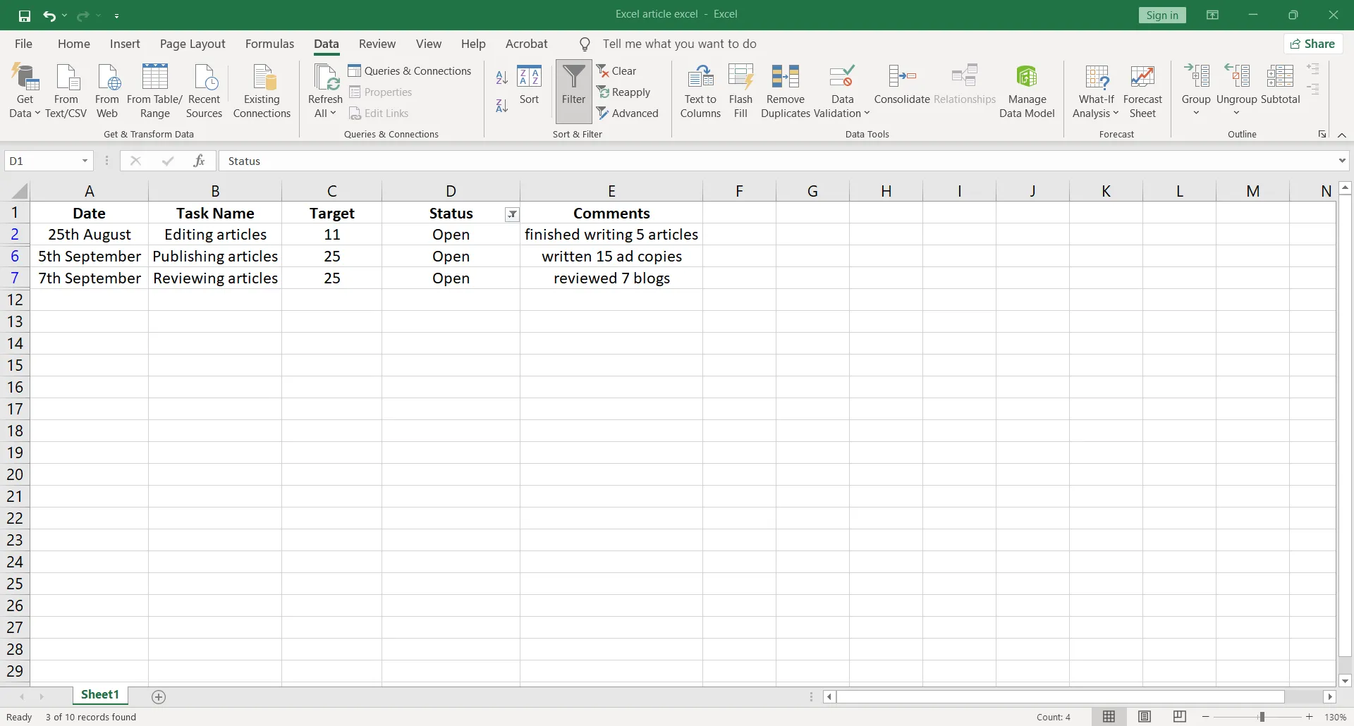 Lọc các công việc đang mở trong Excel