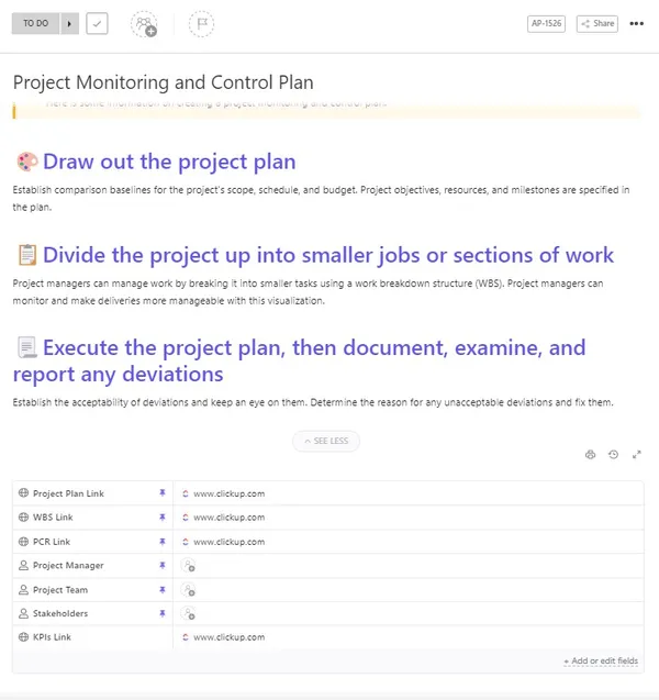 Modelo de monitoramento e controle de projetos do ClickUp