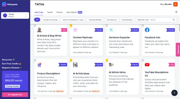 Writesonic Dashboard