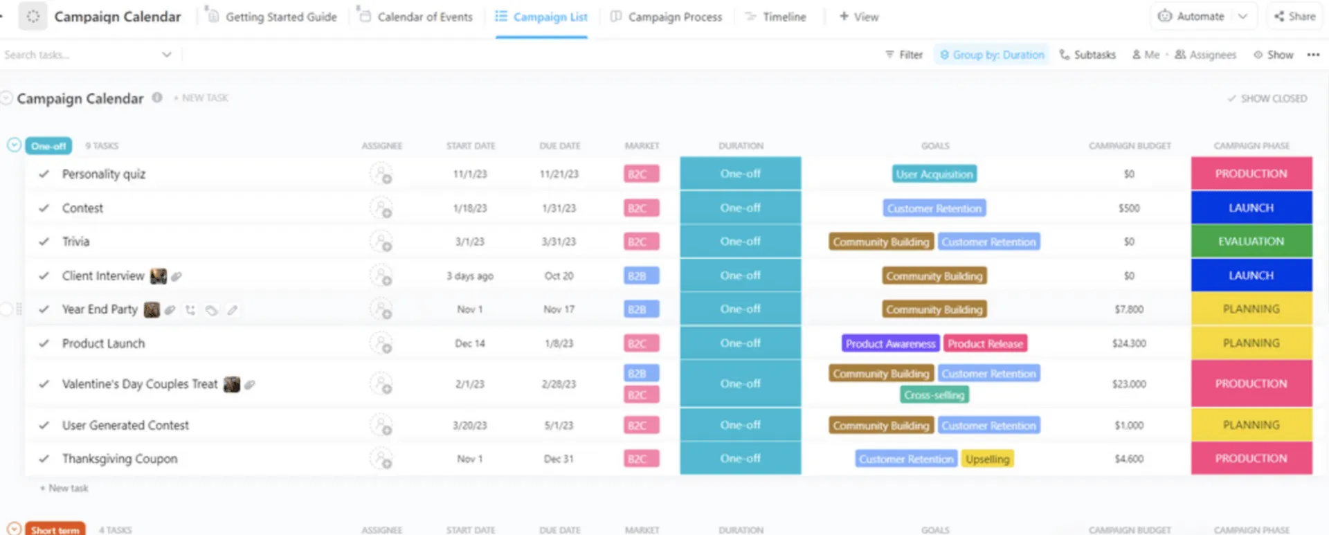 Modèle de calendrier de campagne ClickUp