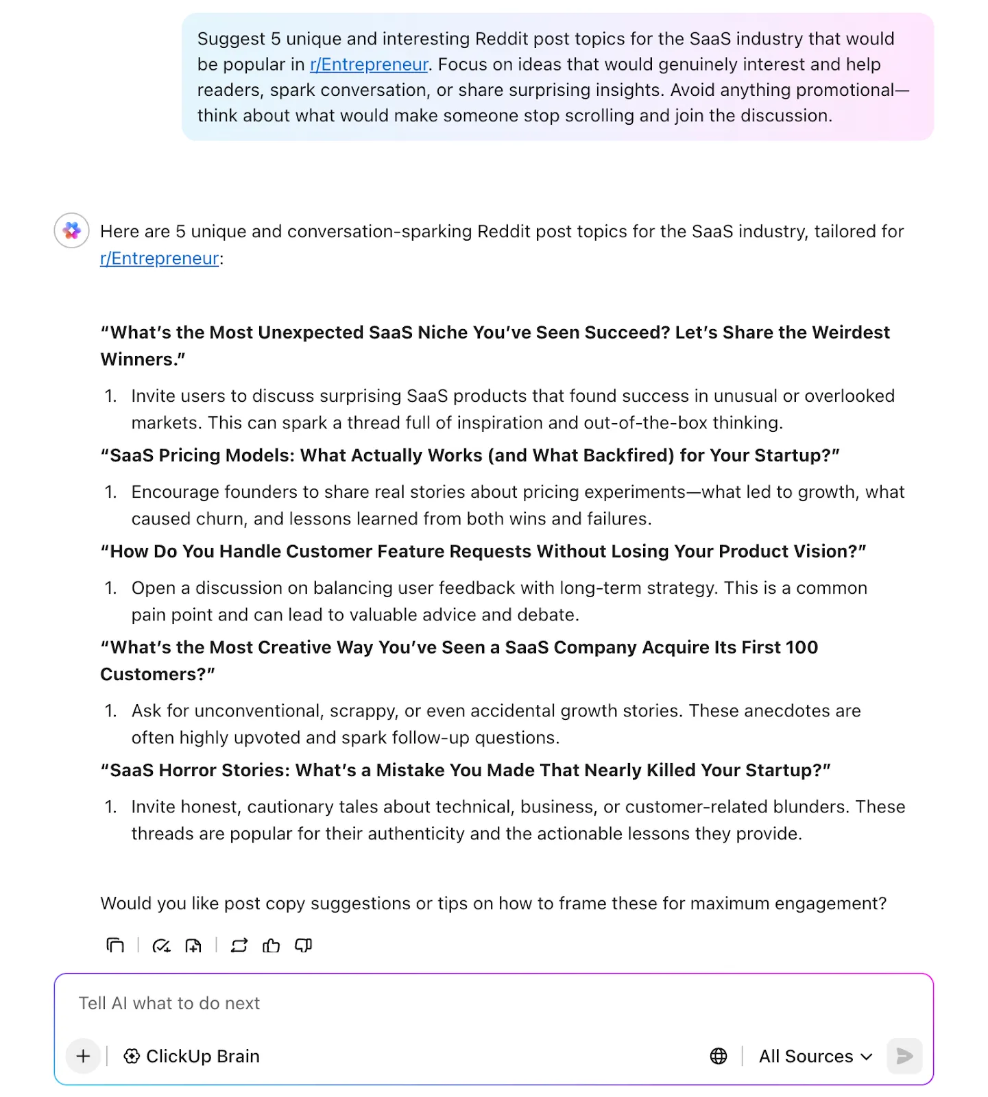ClickUp Brain'i kullanarak Reddit için yararlı içerikler oluşturun.