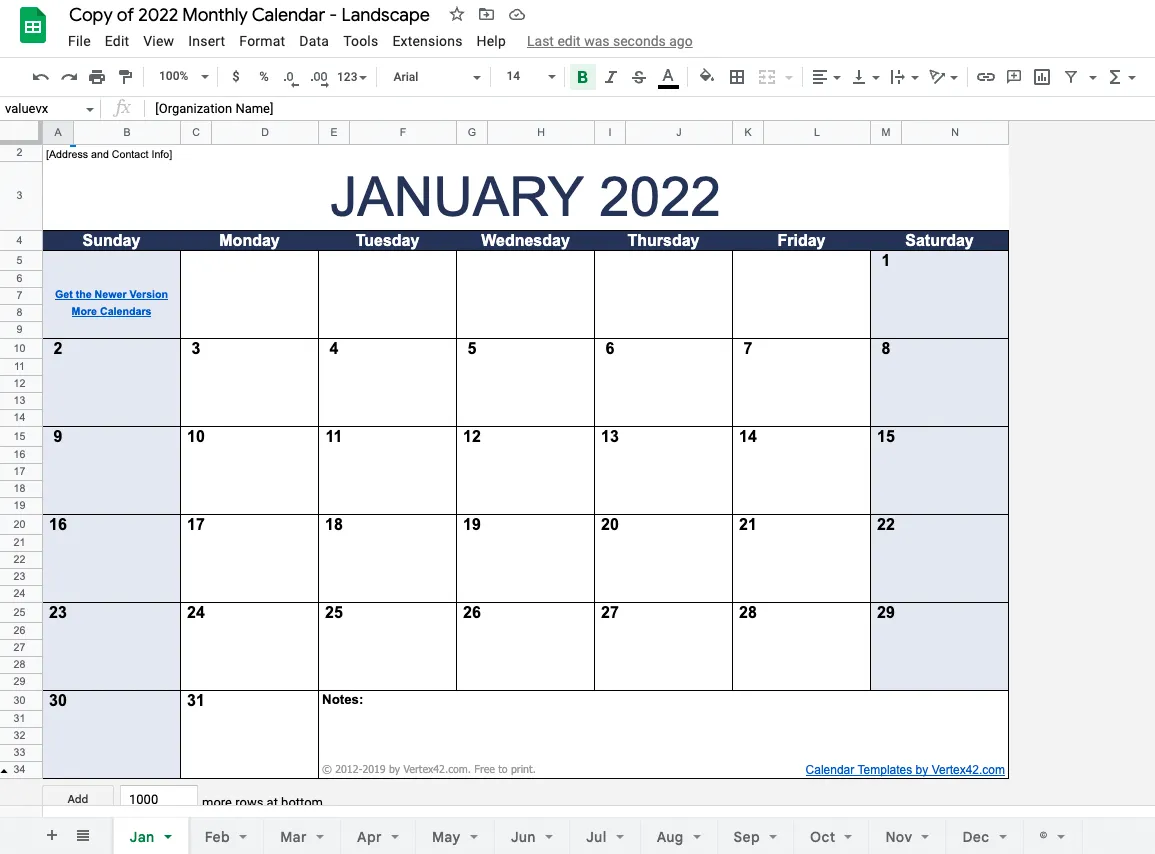 Modello di calendario mensile di Fogli Google