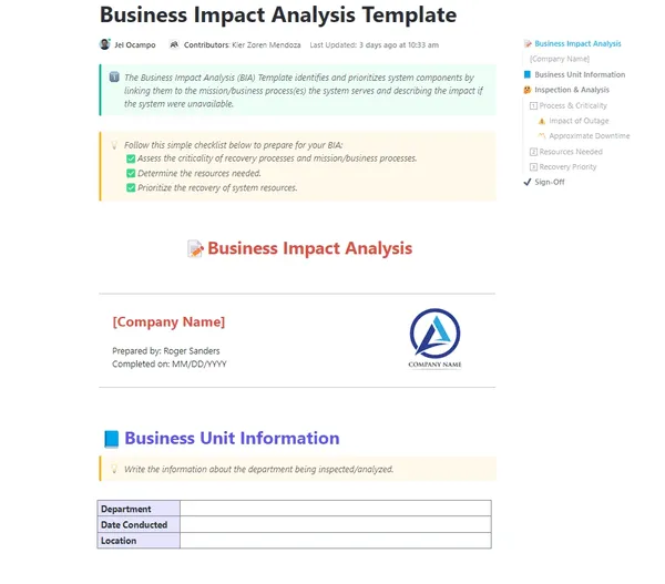 Plantillas de planes de continuidad: Plantilla de análisis de impacto empresarial de ClickUp