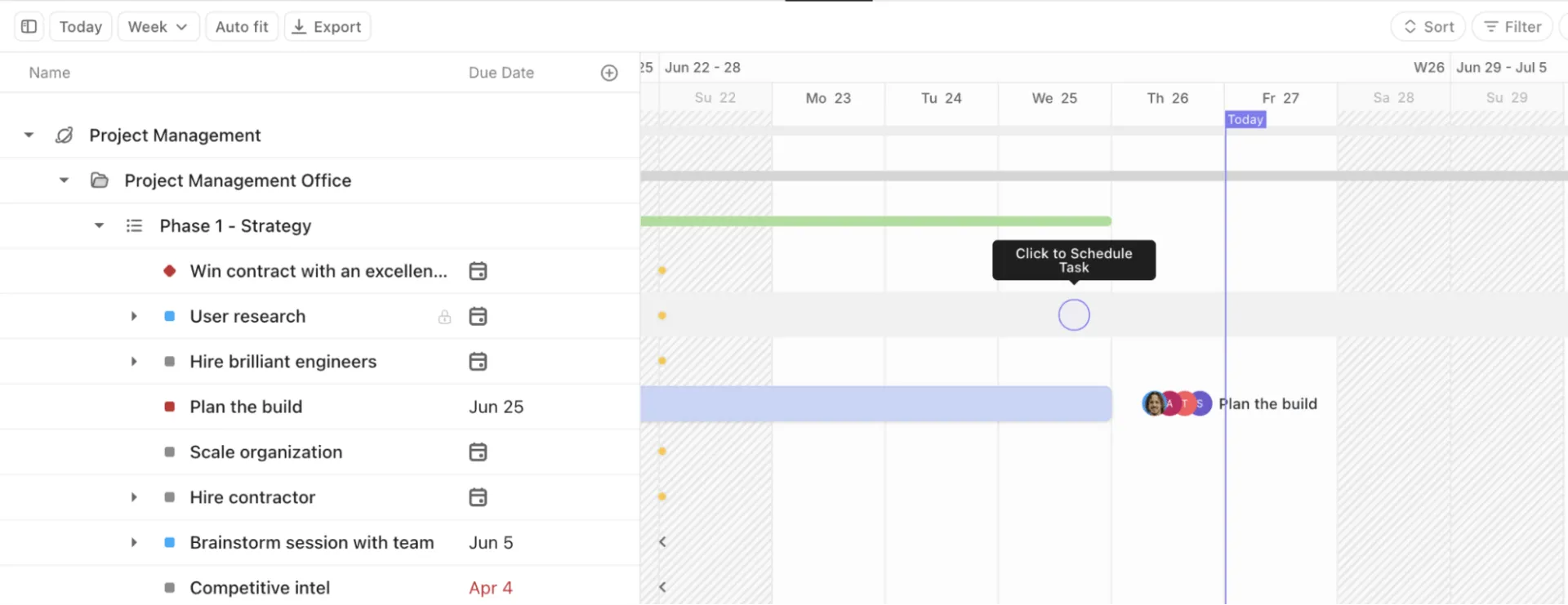 Visualização Gantt do ClickUp: visualize os cronogramas e as dependências do seu projeto de maneira adequada.