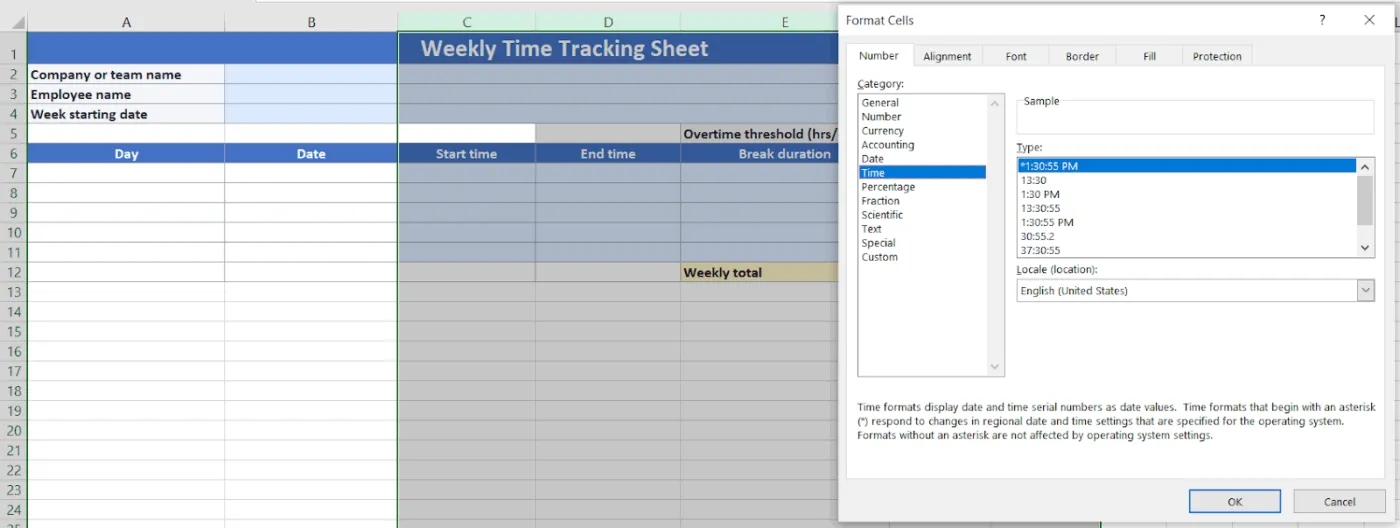 Bước 2: Định dạng các cột thời gian - Theo dõi thời gian trong Excel