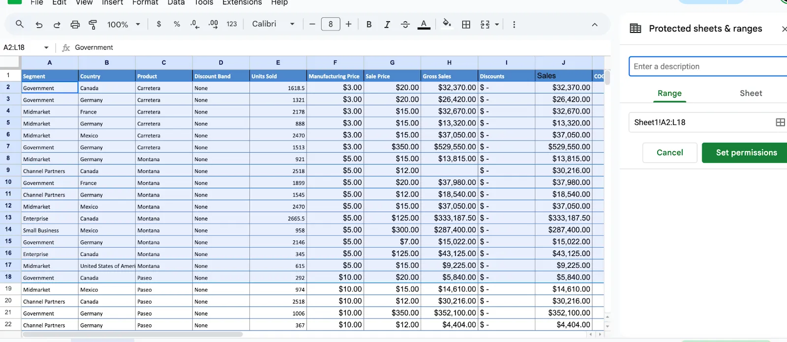 Adicione um intervalo no painel lateral Como bloquear células no Google Sheets