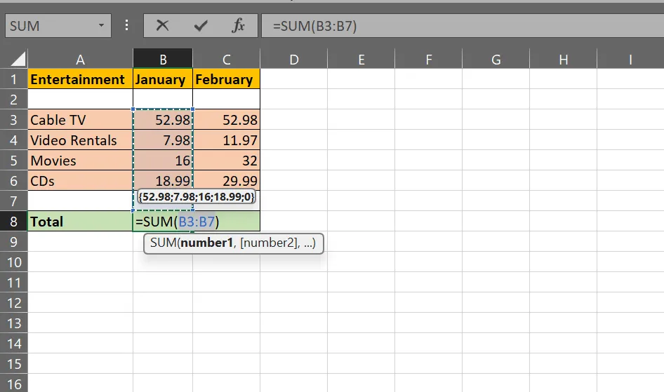 Excel sẽ đánh dấu toàn bộ cột để tính tổng các số đã thêm: Cách tính tổng một cột trong Excel