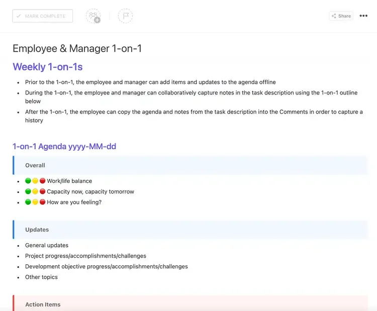Il modello 1-on-1 per dipendenti e manager di ClickUp è progettato per aiutare manager e dipendenti a intrattenere conversazioni significative e di alta produttività.
