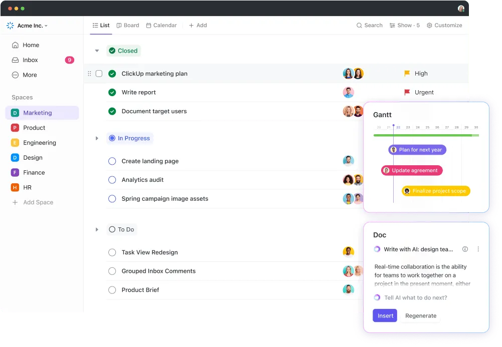 ClickUp 3.0 Paquete de vista Lista con Gantt e IA