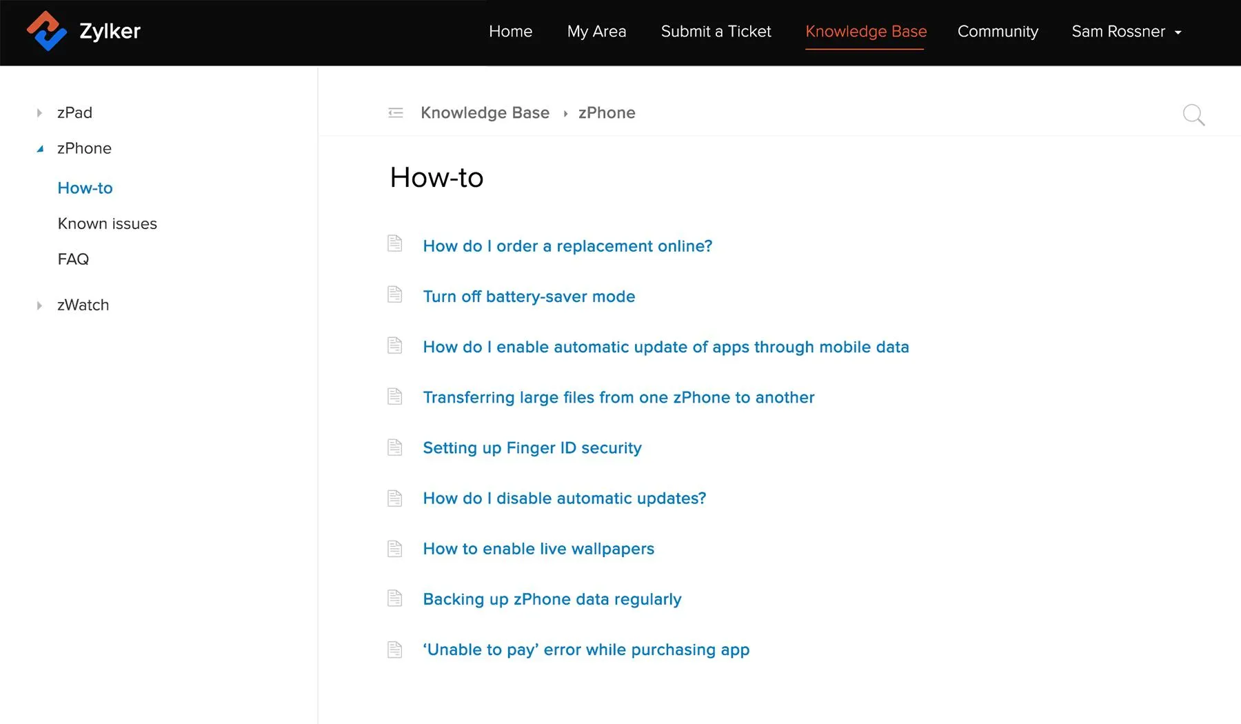 Esempio di knowledge base di Zoho Desk