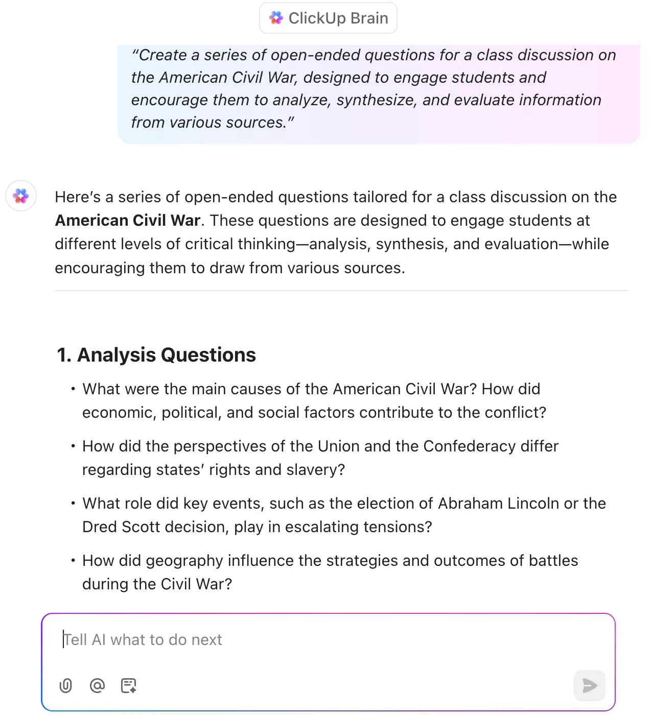 Messages sur ClickUp Brain : messages IA destinés aux enseignants pour les évaluations, les discussions en classe et les quiz