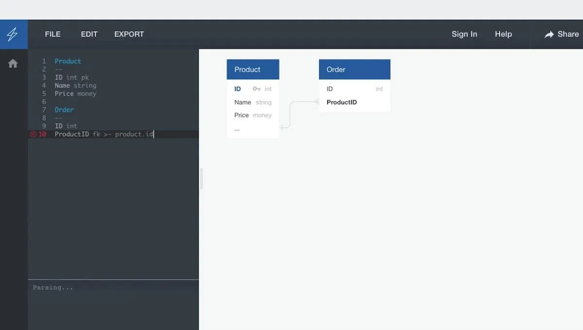 Herramientas de diseño de bases de datos: ejemplo de un diagrama creado en QuickDBD.