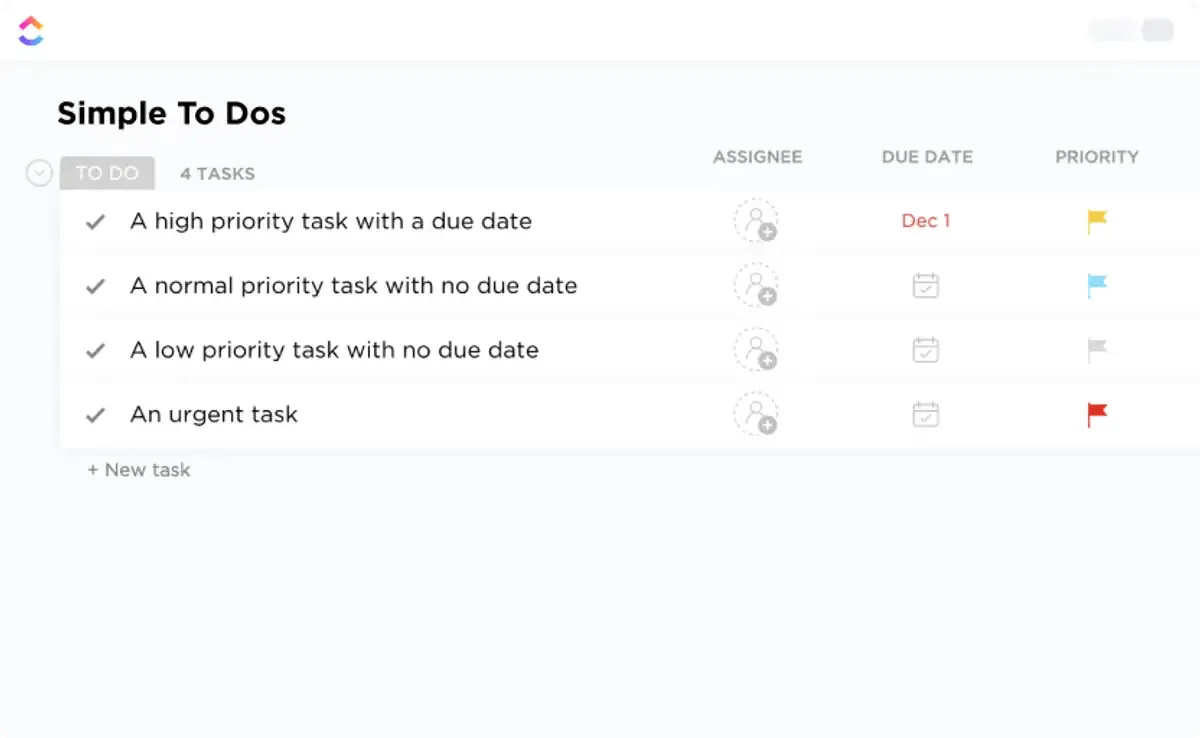 Acompanhe as tarefas por data usando o modelo simples de tarefas do ClickUp, com áreas dedicadas para descrições de tarefas, prazos e caixas de seleção.