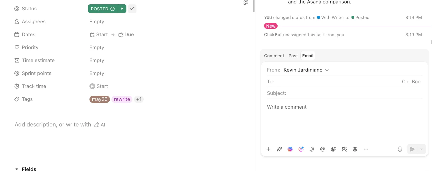 Eine ClickUp Aufgabe mit Status- und Aufgabenfeldern auf der linken Seite und der im Aktivitätsbereich ausgewählten Registerkarte „E-Mail“, die ein verknüpftes Absenderkonto, Empfänger- und Betrefffelder sowie einen leeren Nachrichteneditor anzeigt.