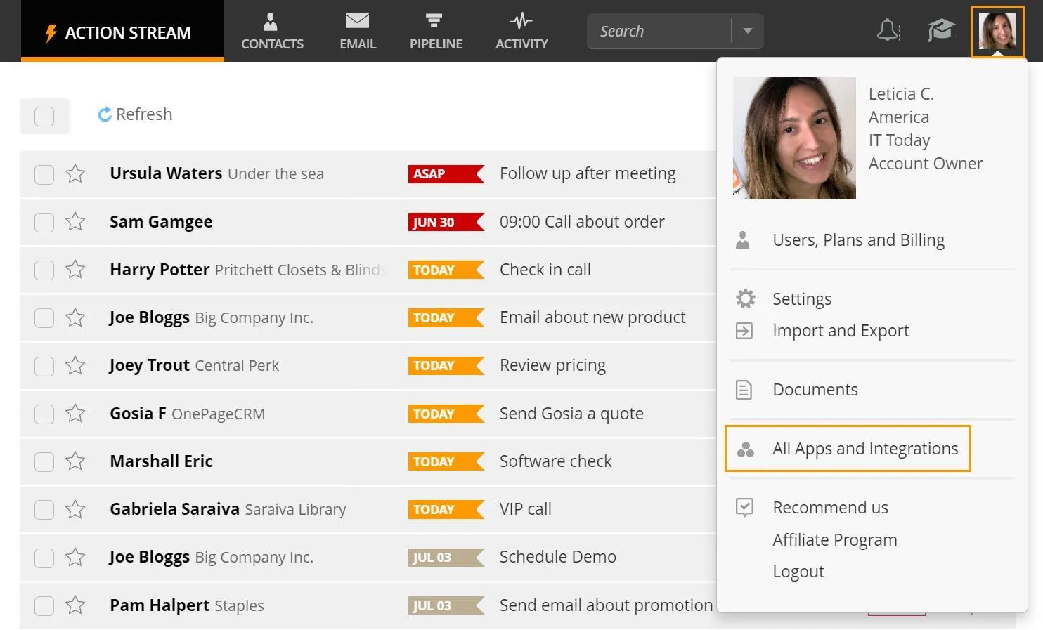 OnePage CRM табло