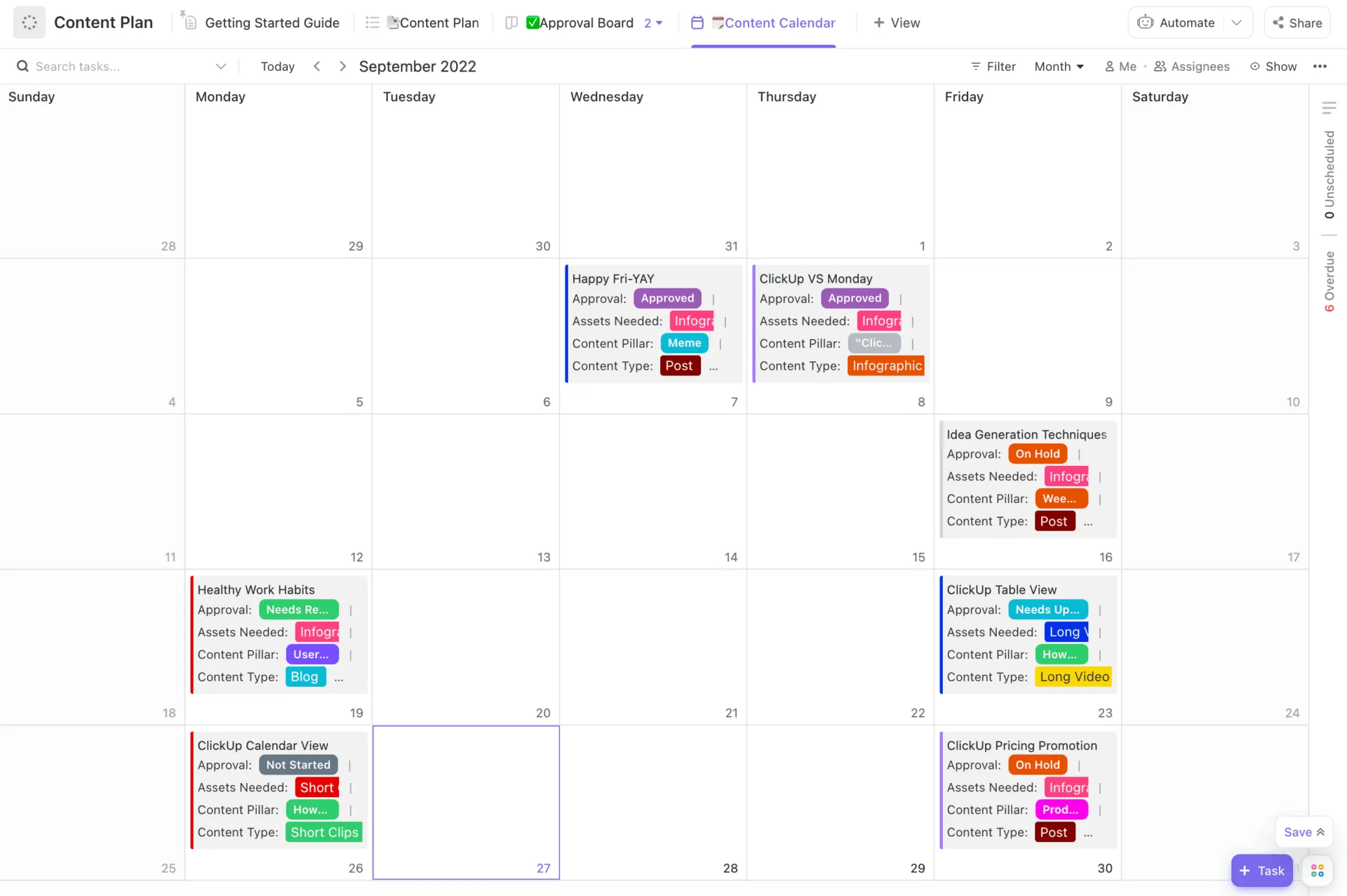 ClickUp's sjabloon voor contentplanning