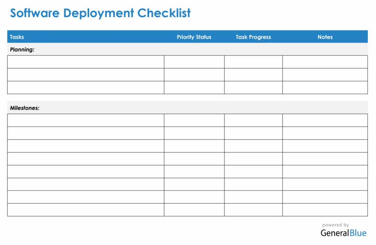 Checklist pour le déploiement de logiciels et de systèmes dans Word par General Blue