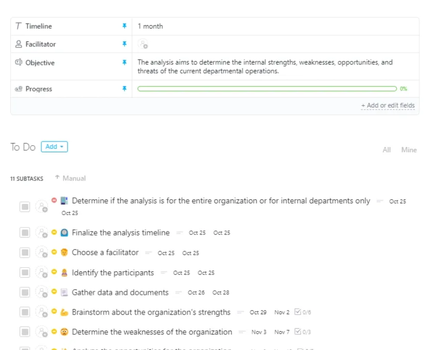 Steigern Sie Ihre Produktivität und treffen Sie bessere Geschäftsentscheidungen mit der Work SWOT-Analyse von ClickUp.