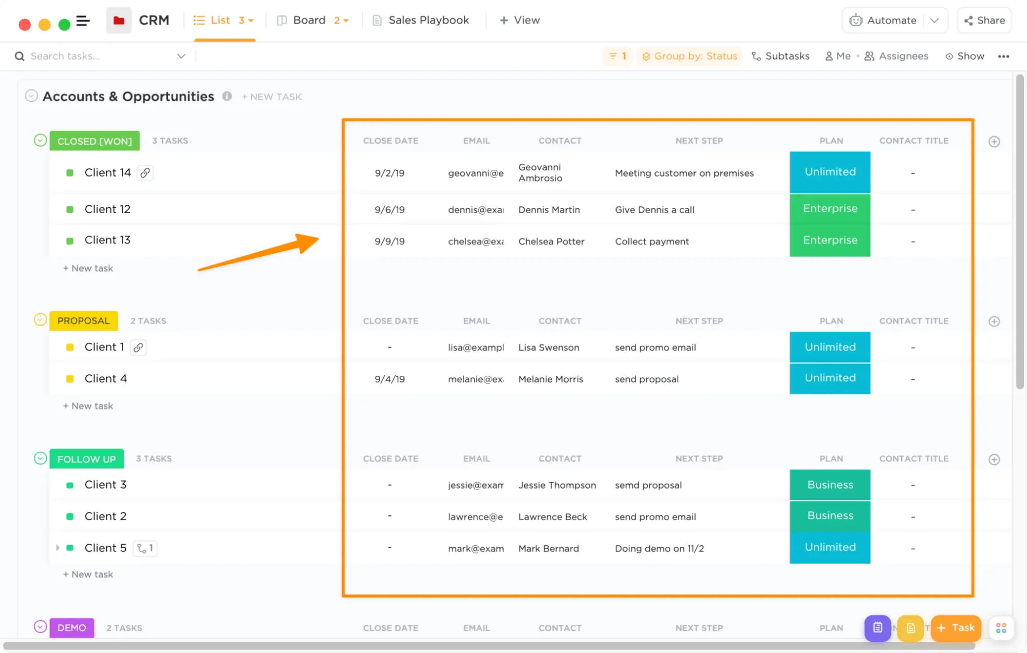 Mit einem benutzerdefinierten CRM-System in ClickUp können Sie Kontaktinformationen hinzufügen, verfolgen und in der Ansicht anzeigen.
