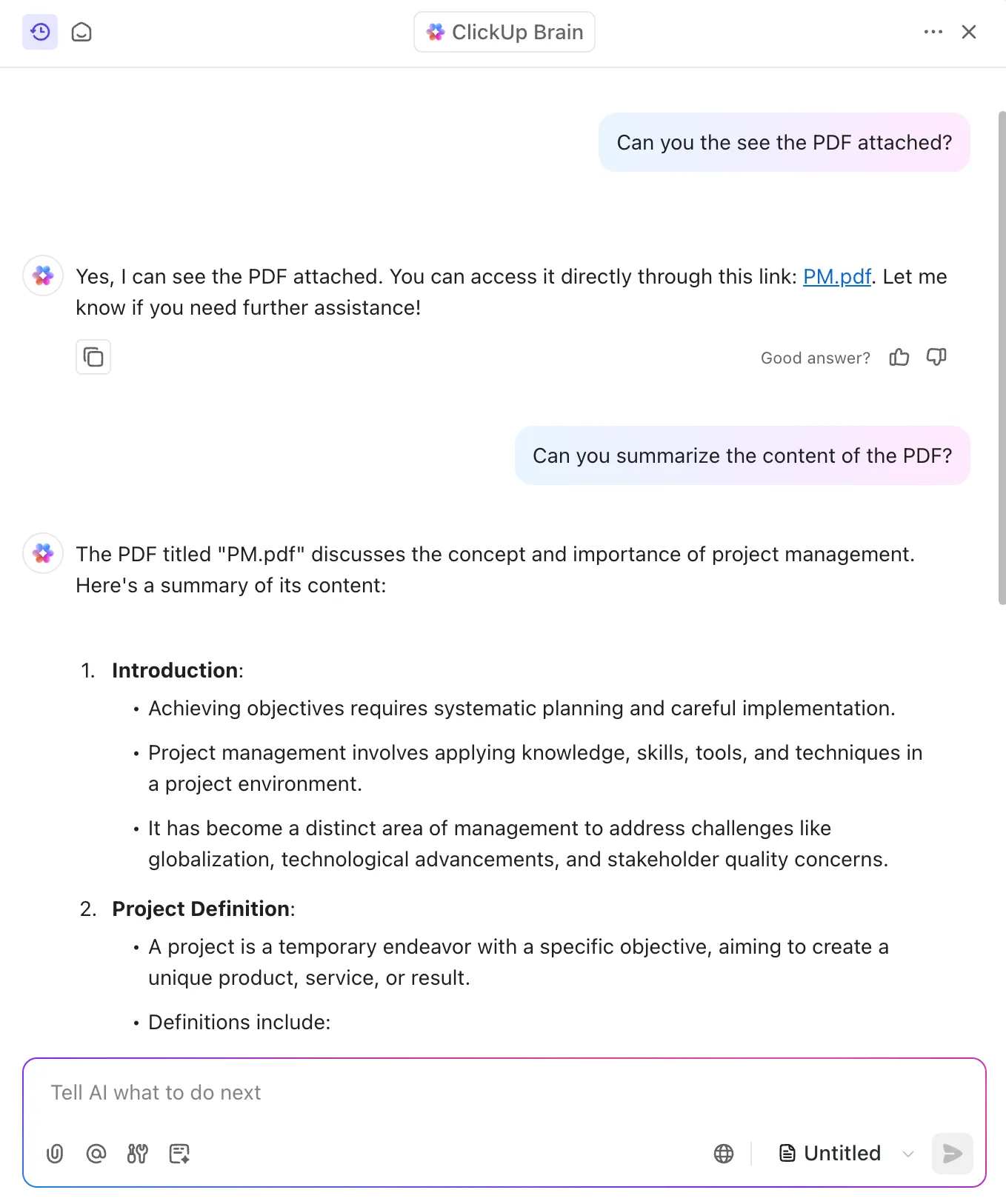 ClickUp Brain: parsery PDF